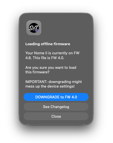 Offline firmware downgrade confirmation, warning that downgrading might affect device settings (example versions)