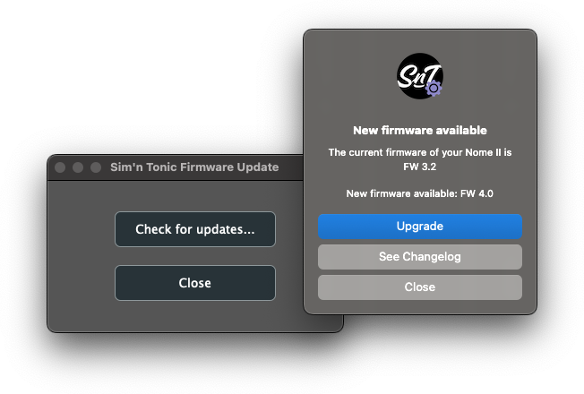 Firmware Update Tool showing an available update, with Upgrade and See Changelog buttons (example versions)