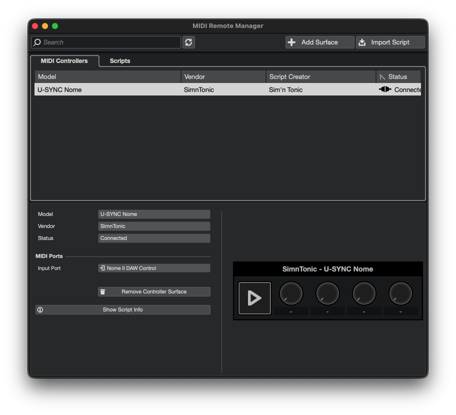 U-SYNC Nome control surface in Cubase MIDI Remote Manager