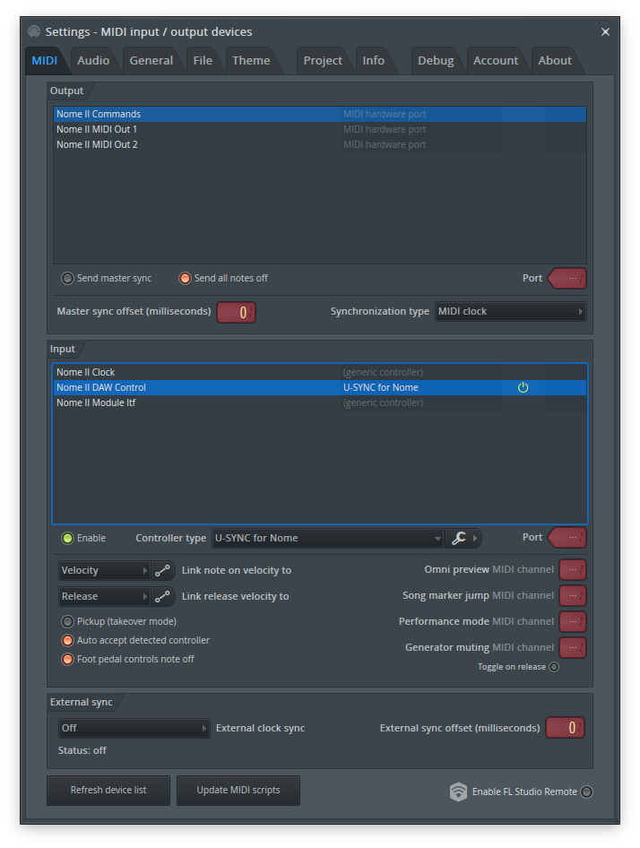 U-SYNC Nome control surface in FL Studio MIDI settings