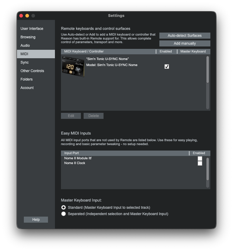 U-SYNC Nome control surface in Reason control-surface settings