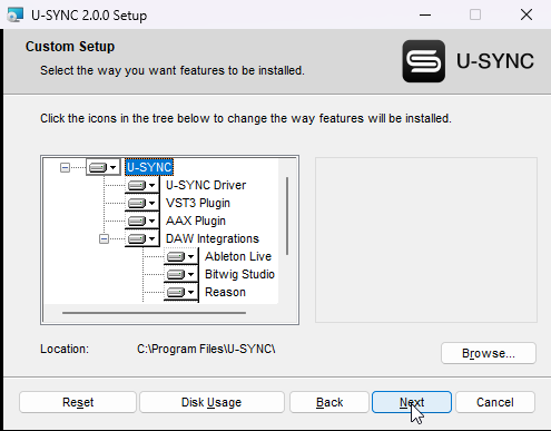 U-SYNC Windows installer with driver, plugins, and DAW integrations