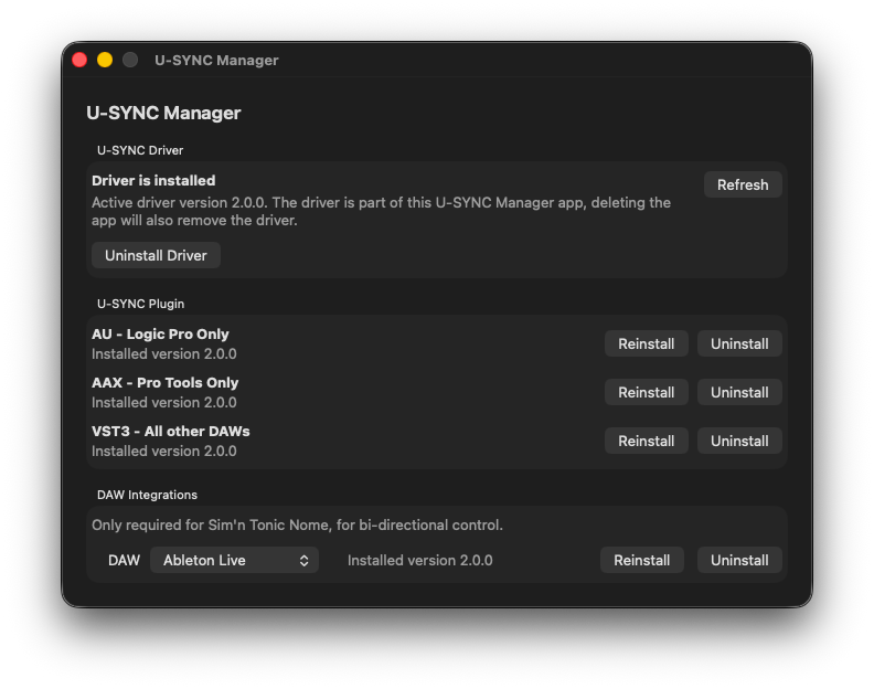 U-SYNC Manager on macOS with the driver, plugins, and DAW integration installed